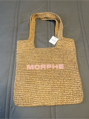 Morphe Natural Straw Tote with Pink Logo